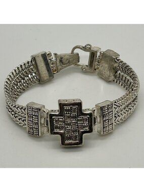 Vintage Byzantine Silver-Tone Bracelet Emboss Cross Woven Strand Magnetic Clasp